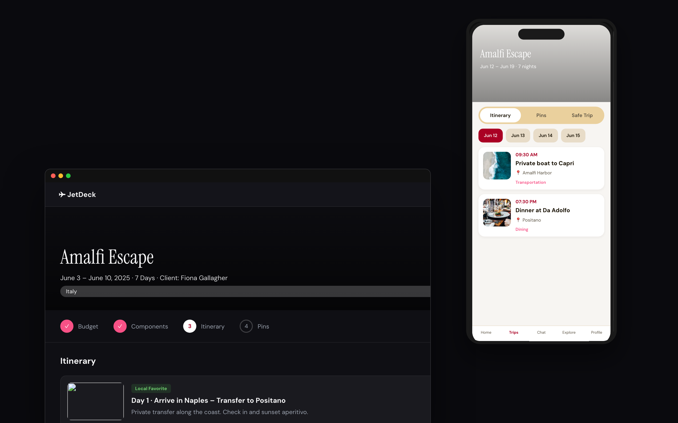 Advisor workspace and branded traveler app side by side