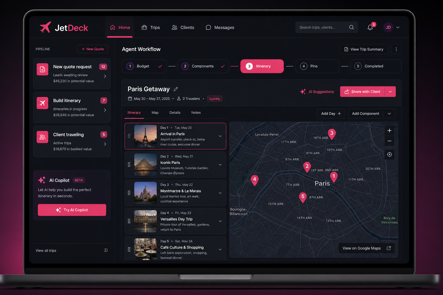 JetDeck advisor trip workspace with itinerary builder