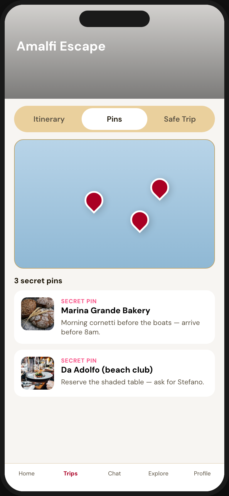 Secret pins map in the traveler app