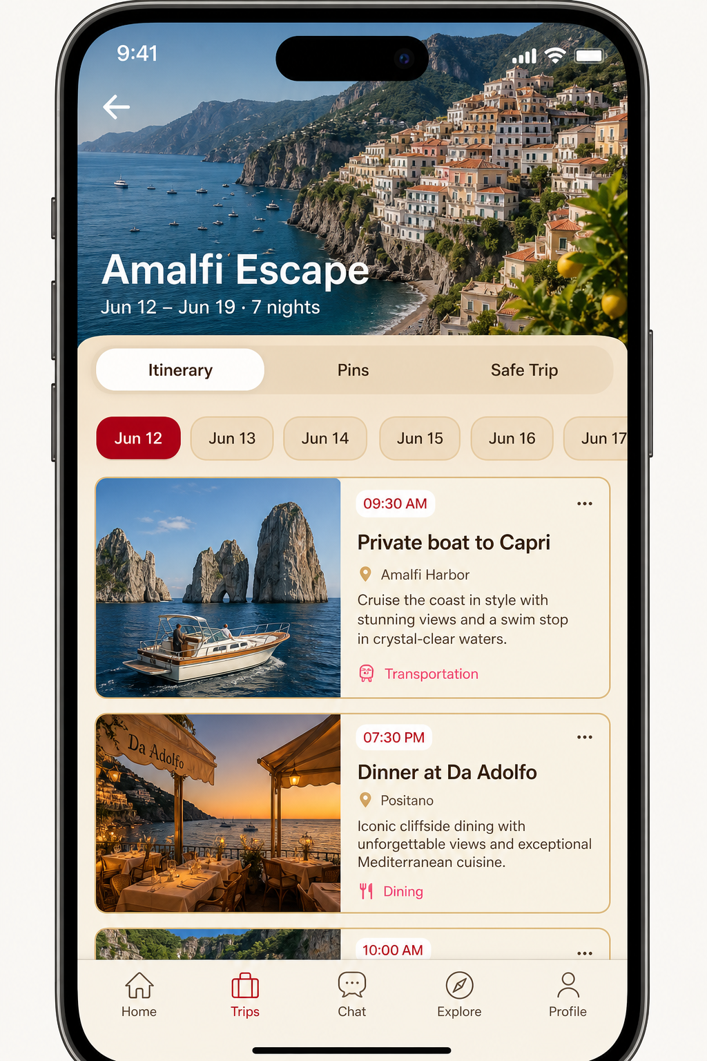 Branded client app showing day-by-day trip itinerary