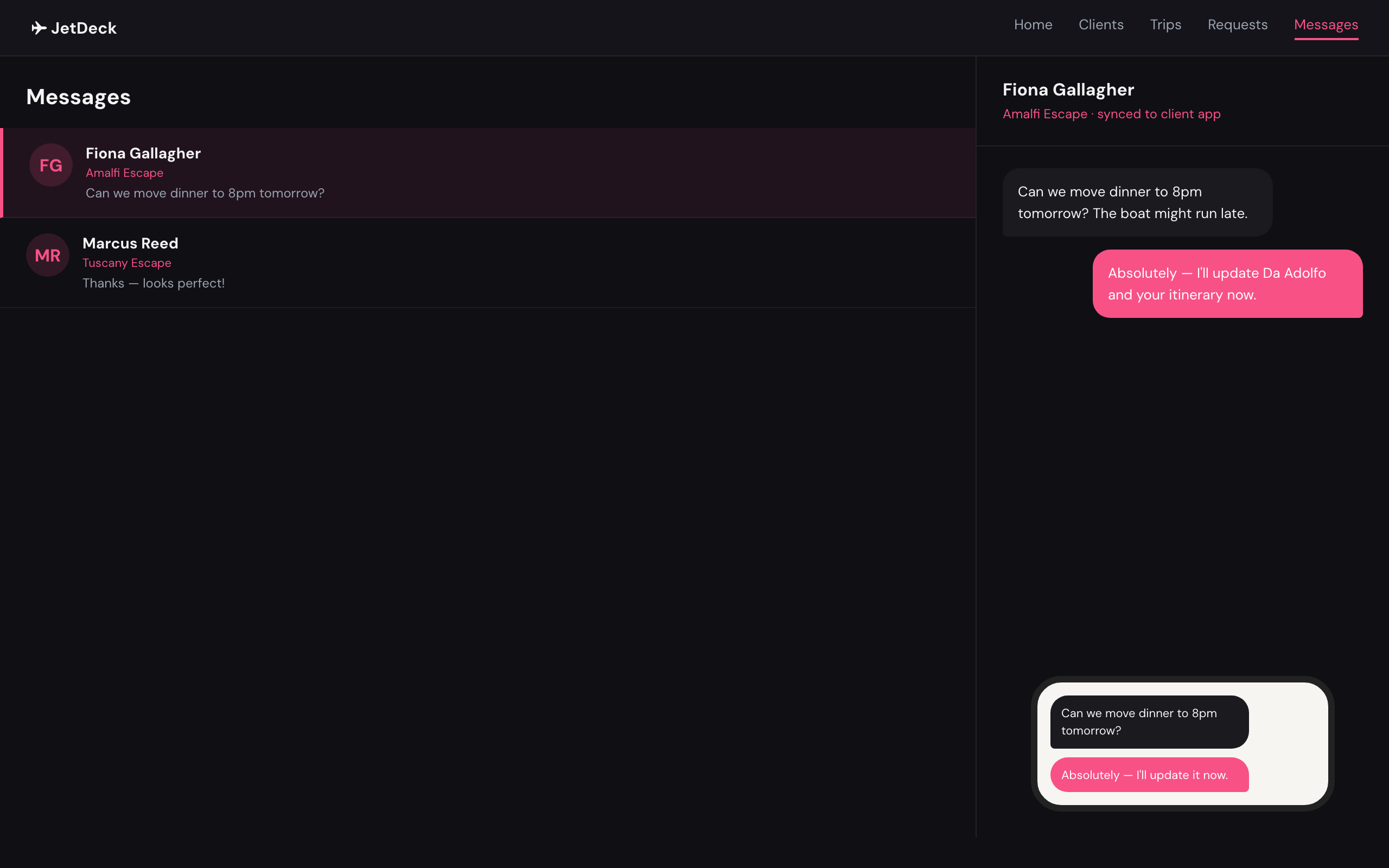 Advisor and traveler messaging in sync